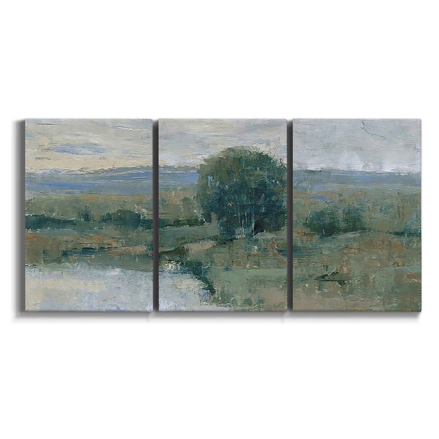 Three-panel canvas wall art featuring riverbank landscape with reflections on white background.