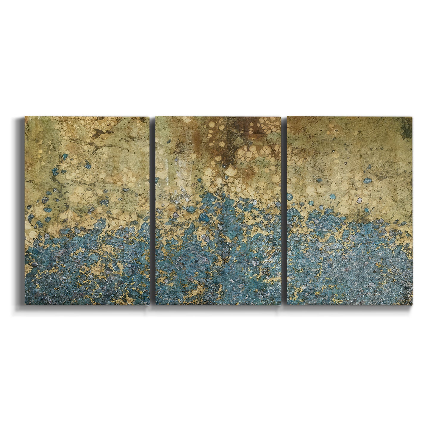 Three-panel canvas wall art featuring metallic abstract gold tones on white background.