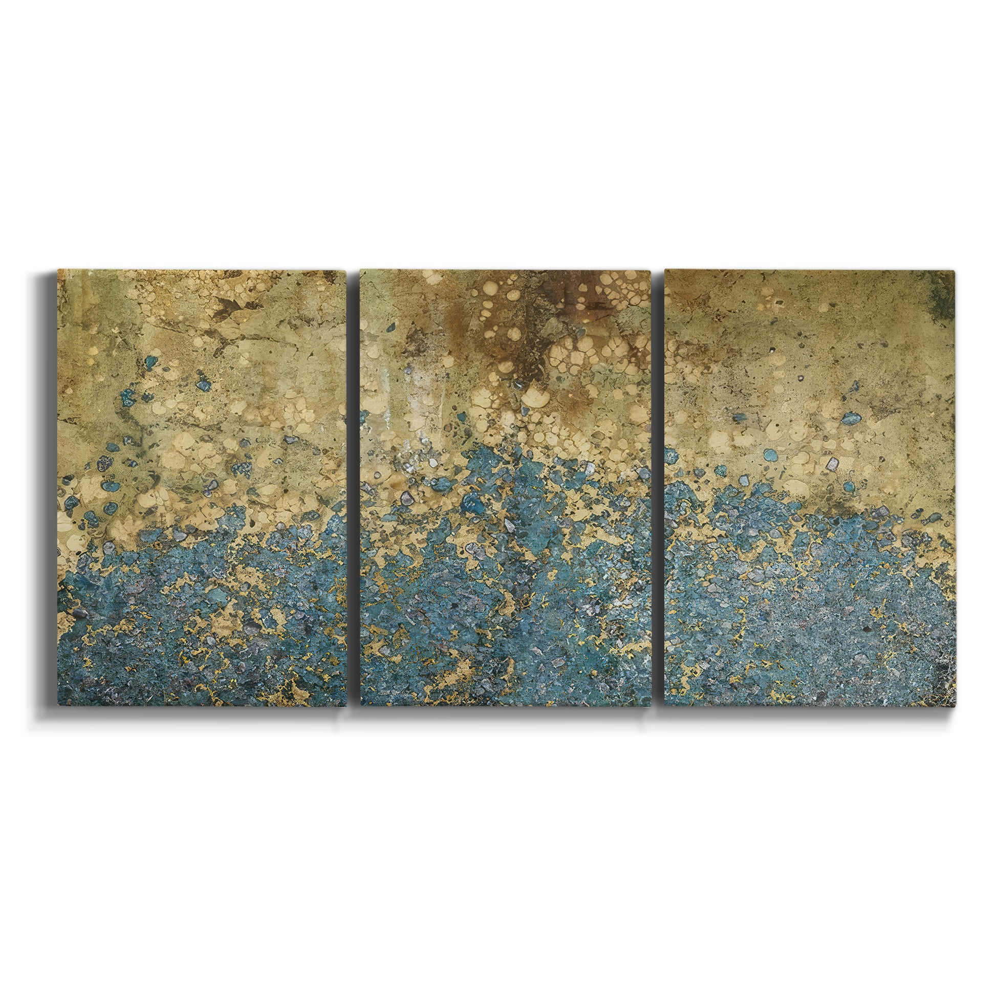 Three-panel canvas wall art featuring metallic abstract gold tones on white background.