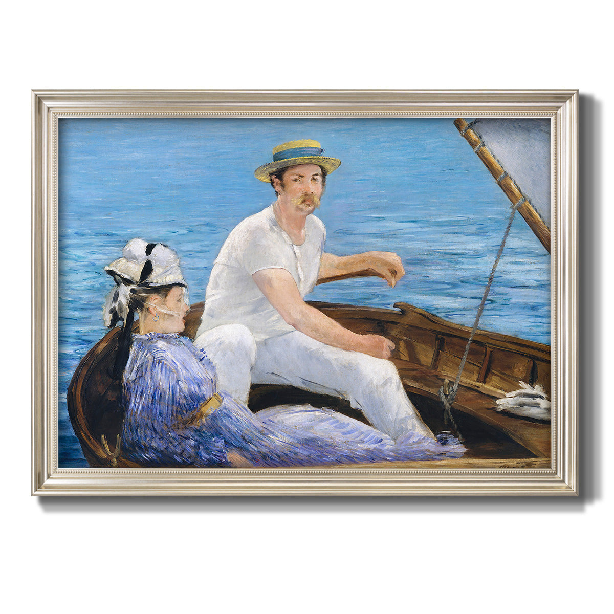 Impressionist leisure boating scene by Édouard Manet printed on canvas in an ornate champagne frame.