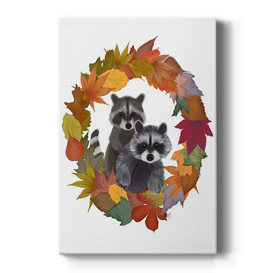 Raccoons Autumn Leaf Wreath - Canvas Art Print