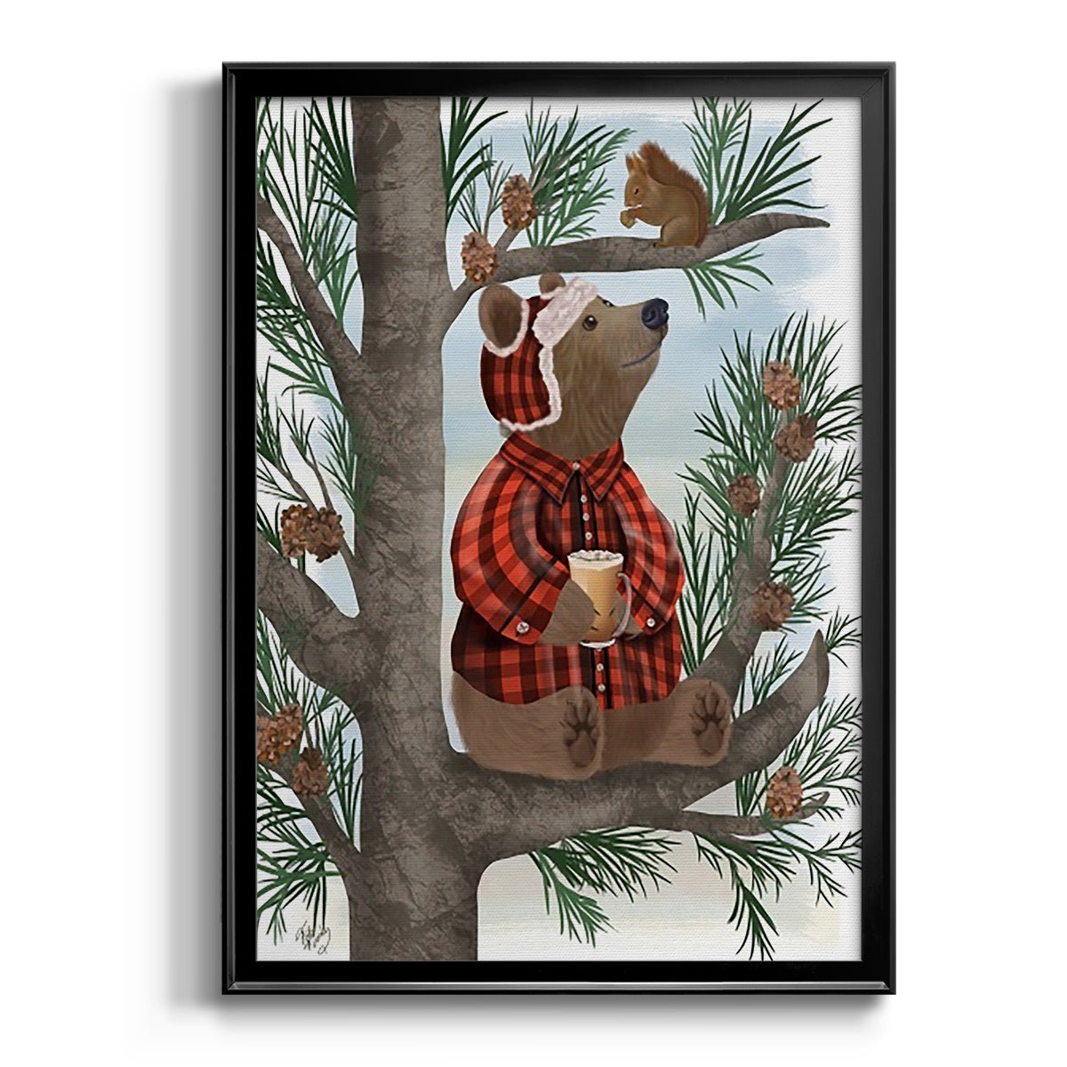 Lumberjack Bear Pine Tree Coffee Break - Modern Framed Canvas Print