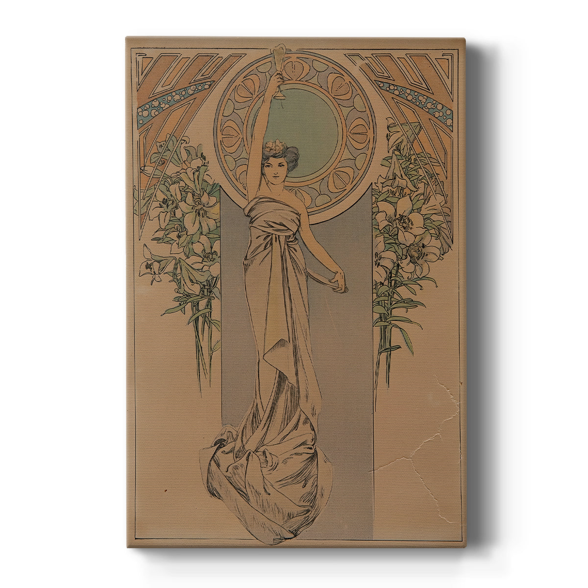 Canvas art print featuring an Art Nouveau illustration of a decorative menu card with a stylized female figure on a clean white background.