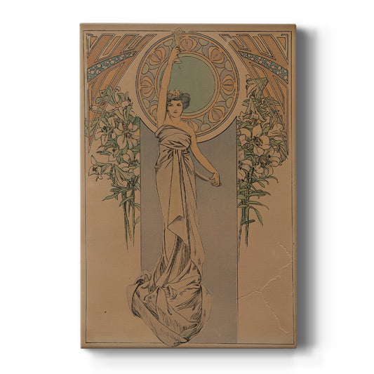 Canvas art print featuring an Art Nouveau illustration of a decorative menu card with a stylized female figure on a clean white background.