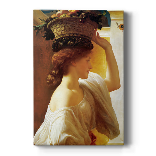 Canvas art print featuring a classical portrait of a girl holding a basket of fruit in soft light on a clean white background.