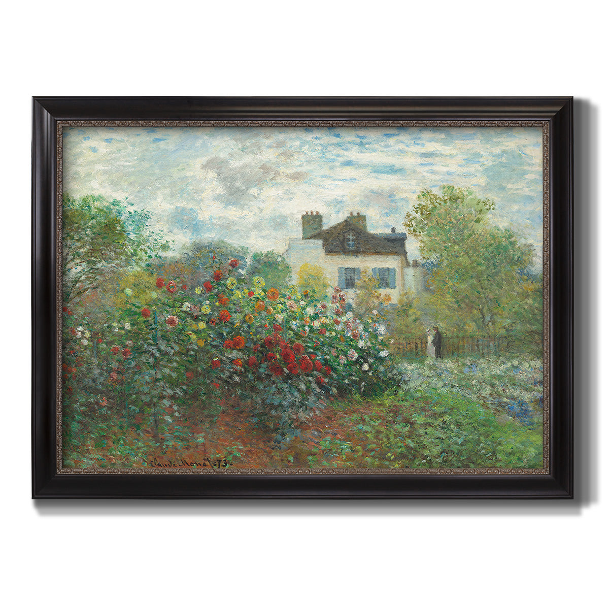 Impressionist garden landscape at Argenteuil by Claude Monet printed on canvas in an ornate black frame with gilded inner detail.