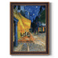 Impressionist night café street scene by Vincent van Gogh printed on canvas in an ornate weathered white frame with a vertical orientation.