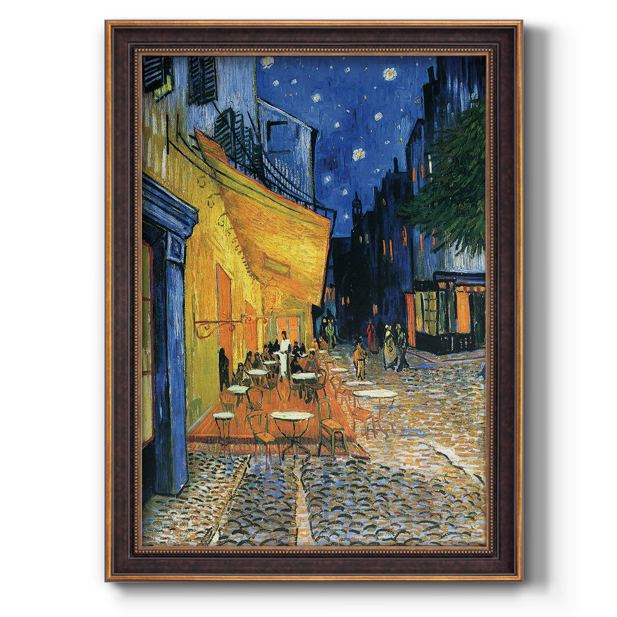 Impressionist night café street scene by Vincent van Gogh printed on canvas in an ornate weathered white frame with a vertical orientation.