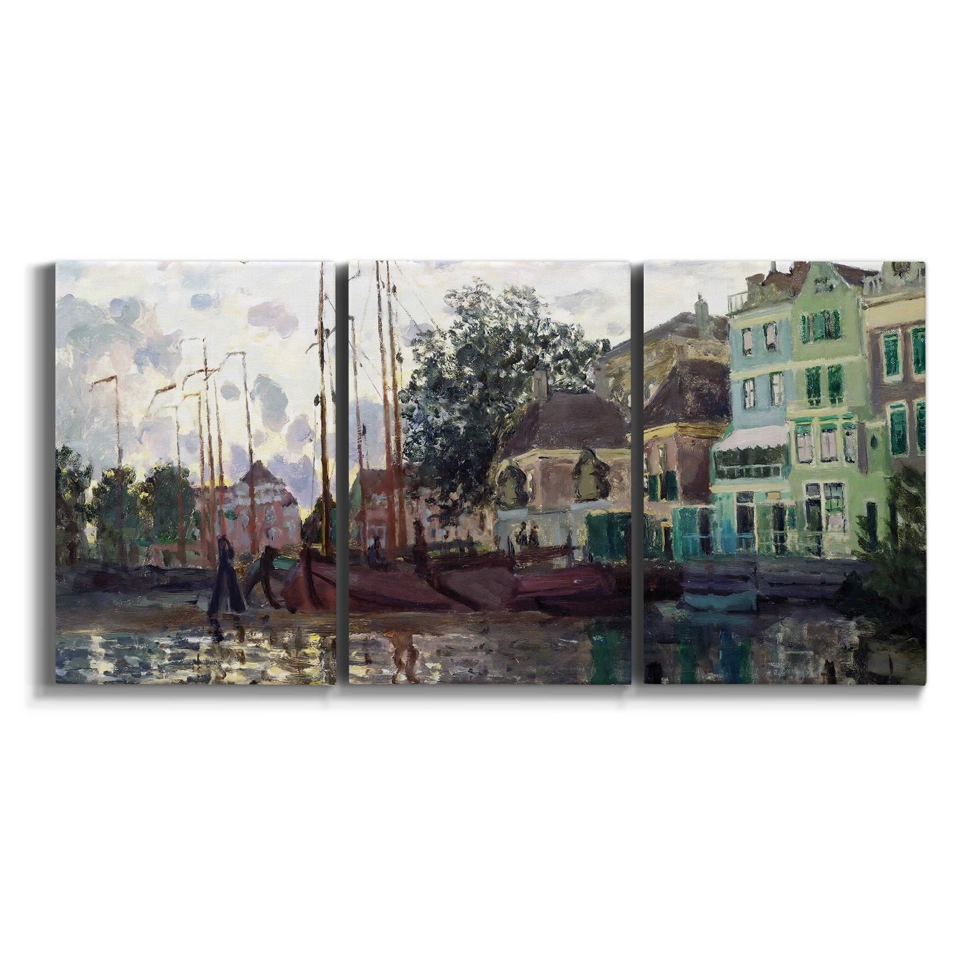 Three-panel canvas wall art featuring riverside town dike at evening on white background.