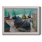 Impressionist coastal beach scene with boats by Claude Monet printed on canvas in an ornate weathered white frame.