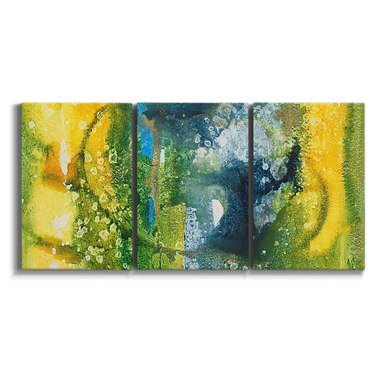 Three-panel canvas wall art featuring energetic abstract aquatic color motion on white background.