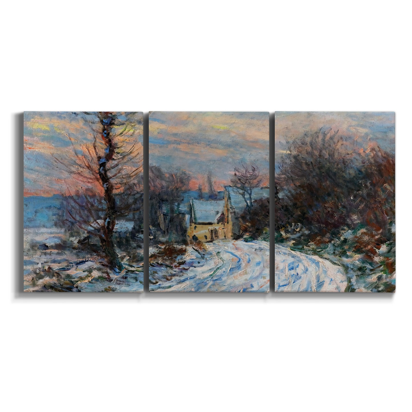 Three-panel canvas wall art featuring snow covered road leading to village on white background.
