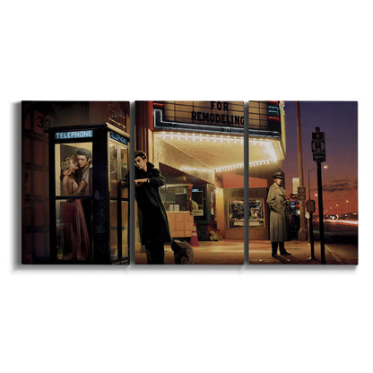 Three-panel canvas wall art featuring cinematic nighttime theater scene on white background.