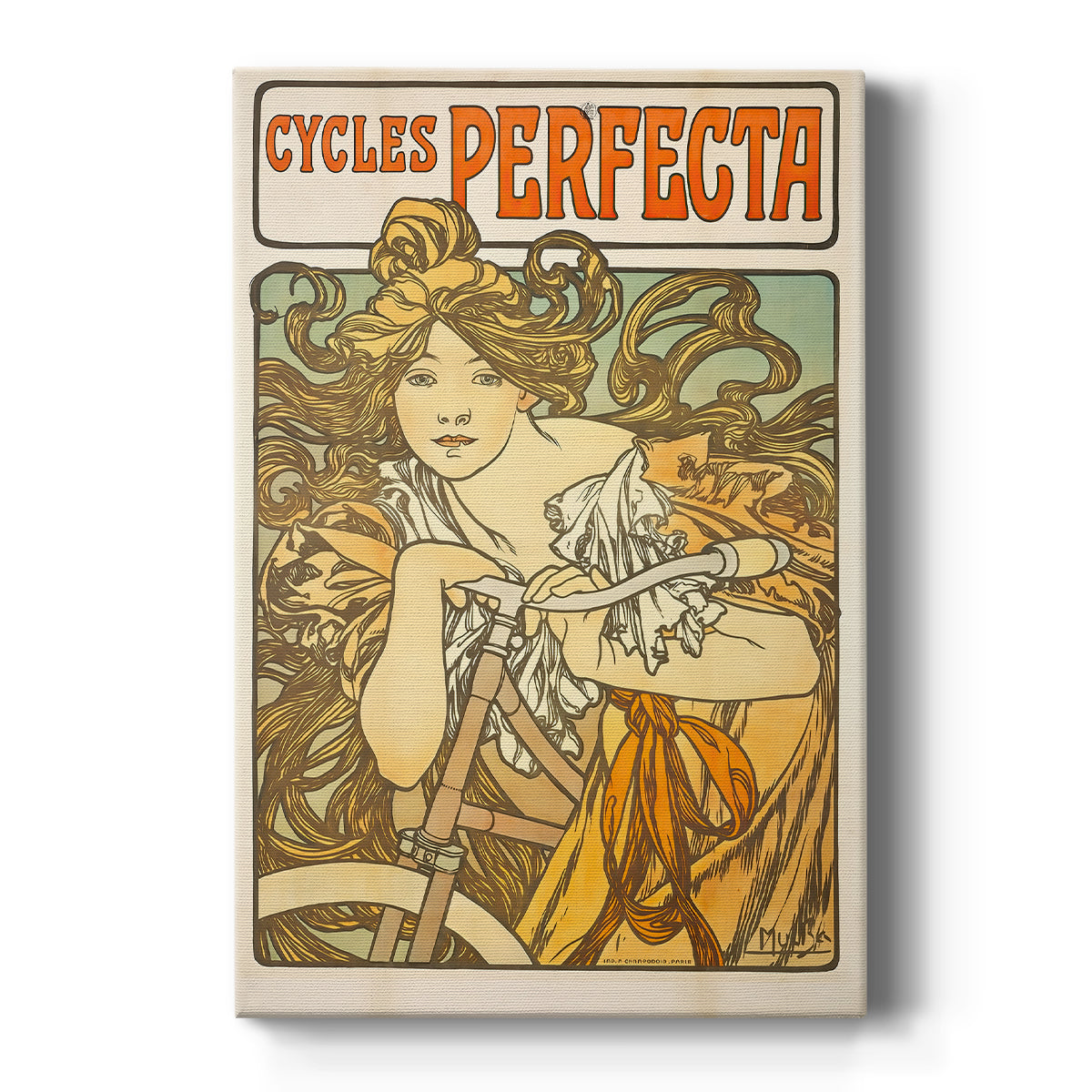Canvas art print featuring an Art Nouveau poster of a woman with a bicycle and ornate decorative design on a clean white background.