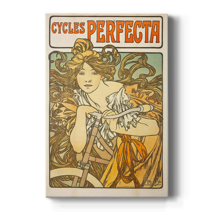 Canvas art print featuring an Art Nouveau poster of a woman with a bicycle and ornate decorative design on a clean white background.