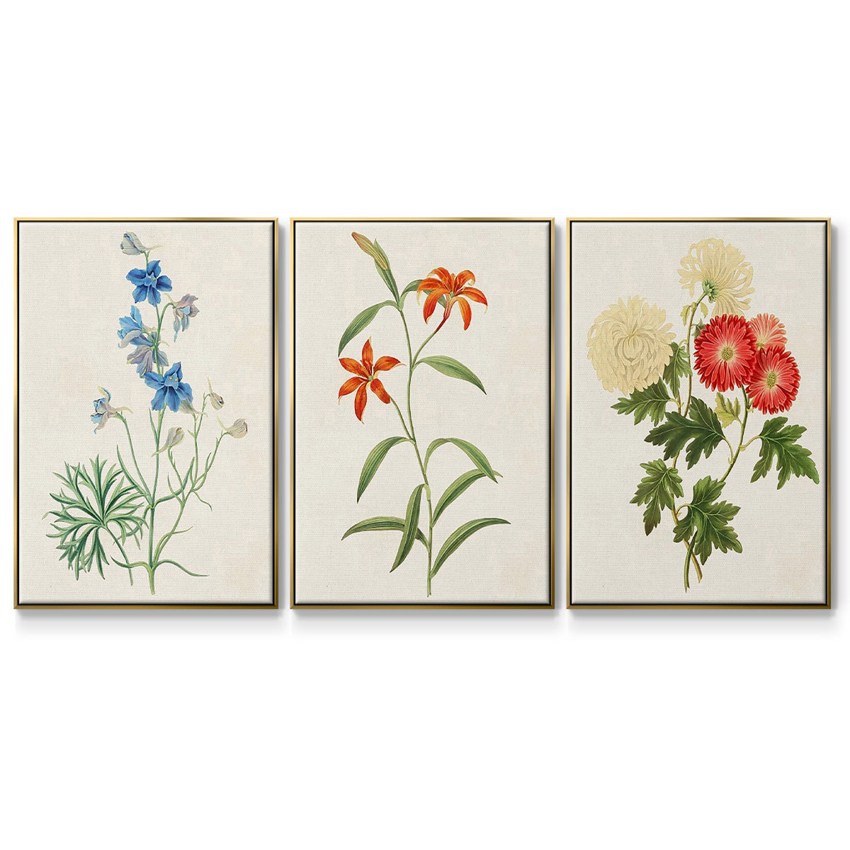 Flowers of the Seasons I - Framed Premium Gallery Wrapped Canvas L Frame 3 Piece Set - Ready to Hang