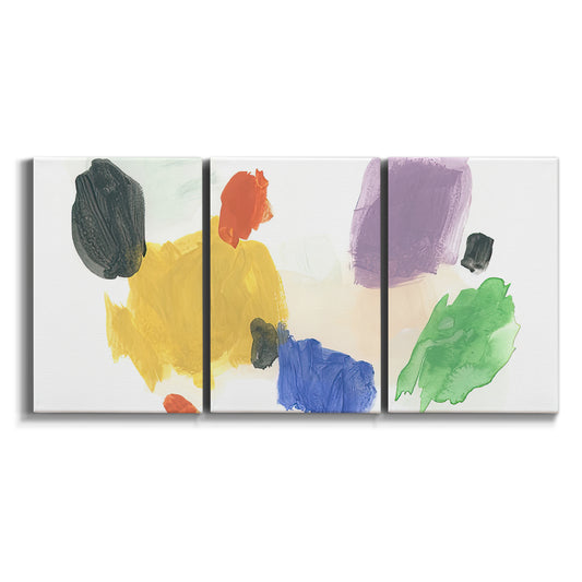 Three-panel canvas wall art featuring inkblot style abstract color symmetry on white background.