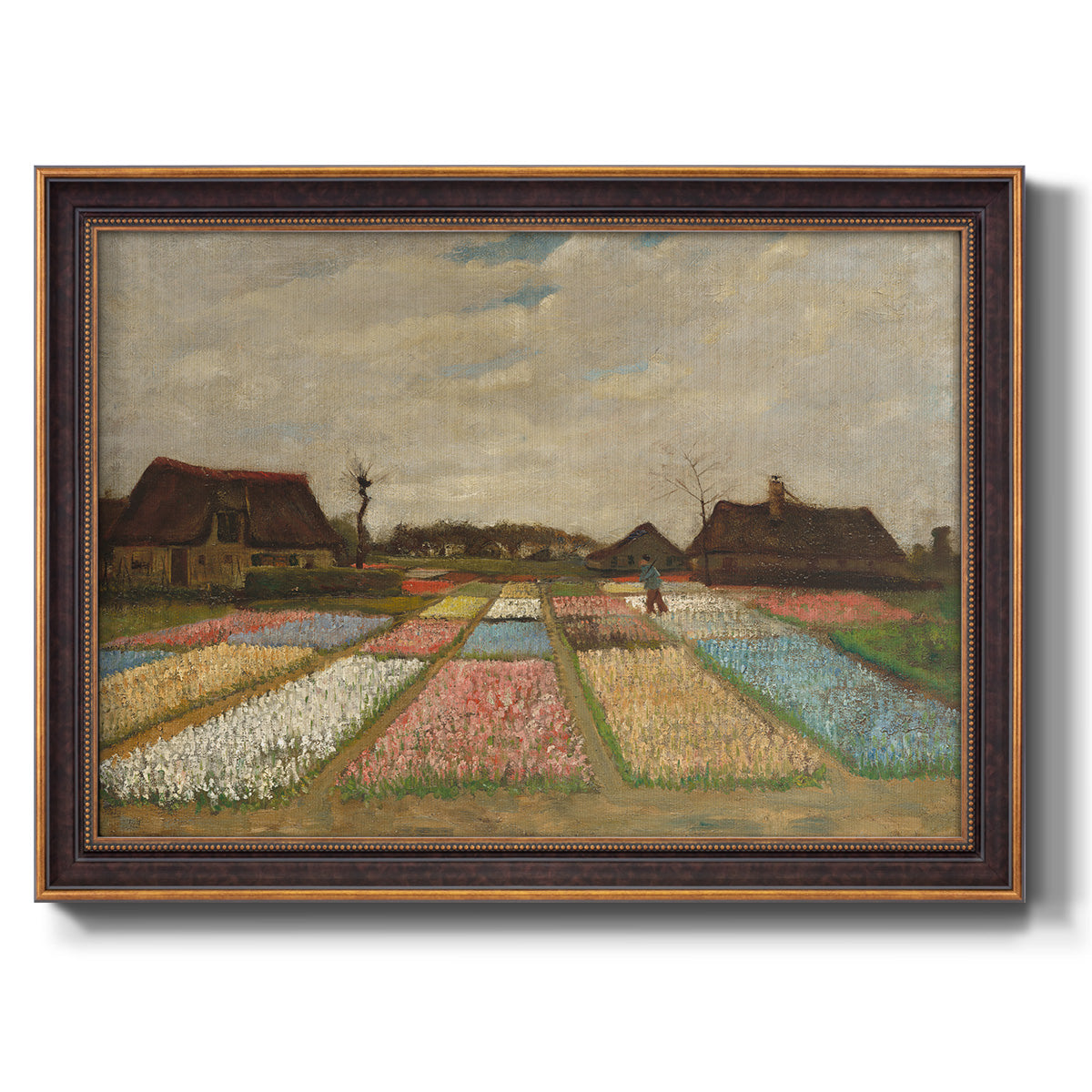 Impressionist Dutch bulb field landscape by Vincent van Gogh printed on canvas in an ornate bronzed mahogany wood frame.