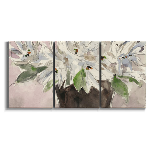Three-panel canvas wall art featuring magnolia flowers watercolor study on white background.