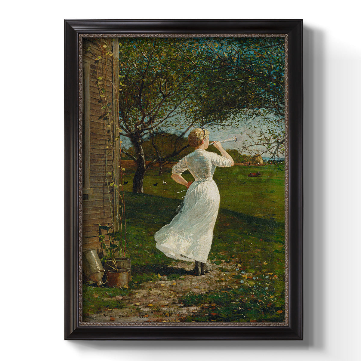 Narrative religious genre scene by Winslow Homer printed on canvas in an ornate black frame with gilded inner detail with a vertical orientation.