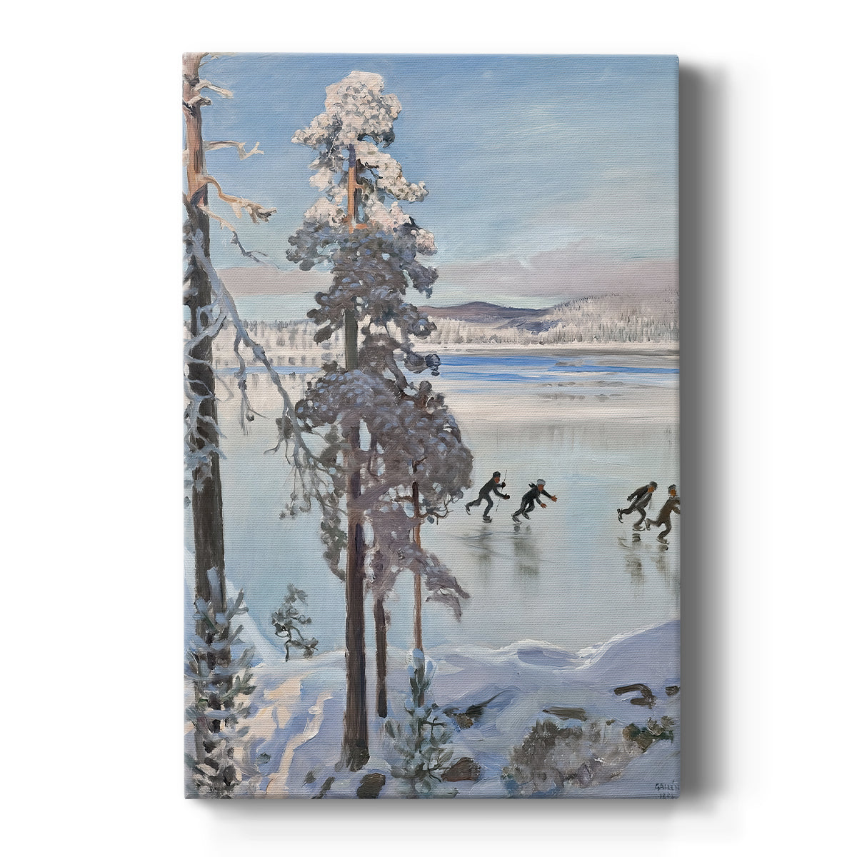 Canvas art print featuring a winter lakeside scene with figures skating on a frozen lake near snowy trees on a clean white background.