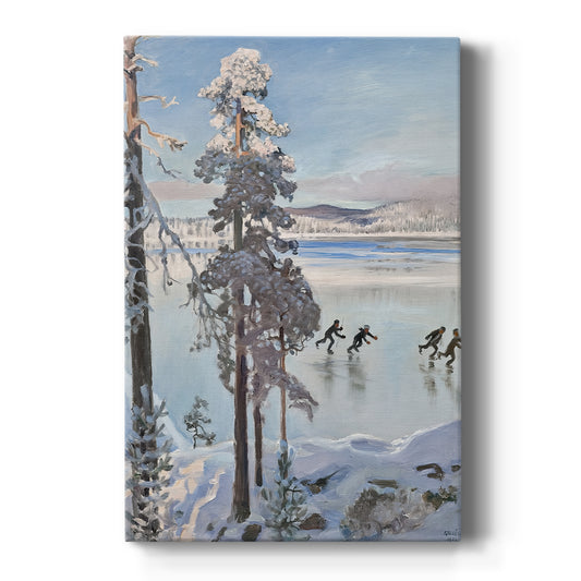 Canvas art print featuring a winter lakeside scene with figures skating on a frozen lake near snowy trees on a clean white background.
