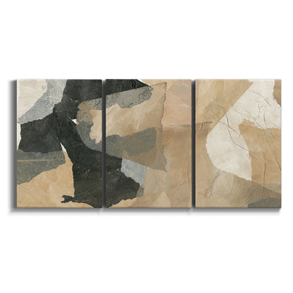 Three-panel canvas wall art featuring blurred mixed media abstract collage on white background.