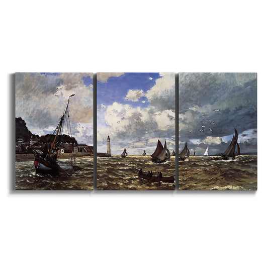 Three-panel canvas wall art featuring harbor entrance with boats on white background.