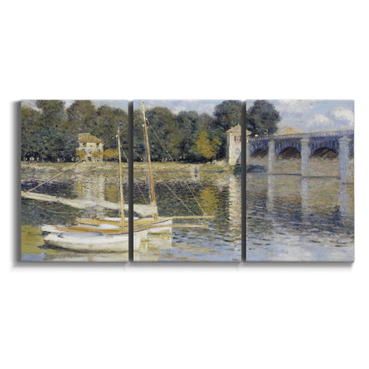 Three-panel canvas wall art featuring bridge crossing broad river on white background.