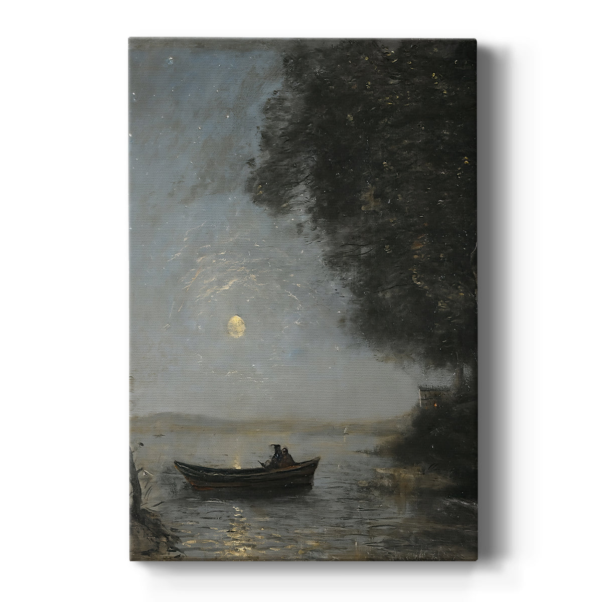 Canvas art print featuring a tranquil night landscape with a lake under soft moonlight on a clean white background.
