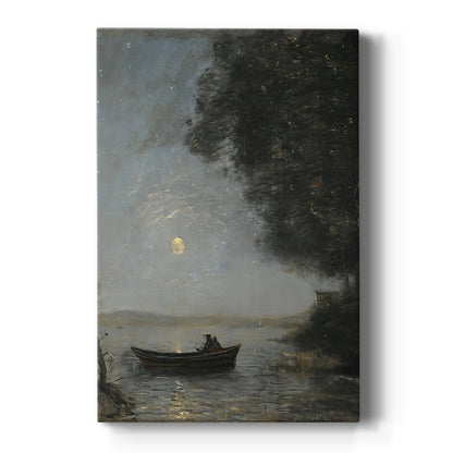 Canvas art print featuring a tranquil night landscape with a lake under soft moonlight on a clean white background.