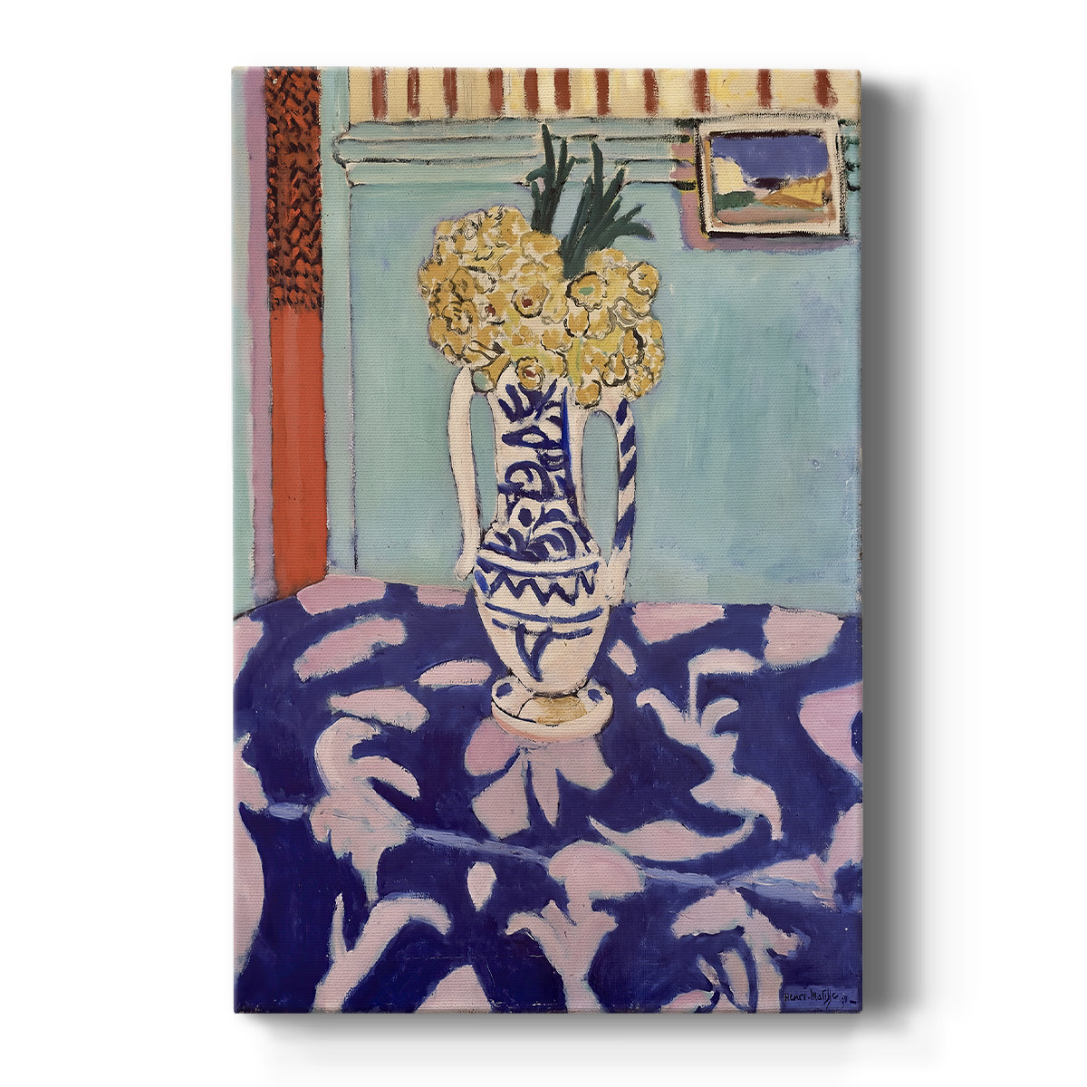 Canvas art print featuring a fauvist still life of yellow flowers against a bold blue and pink patterned background on a clean white background.