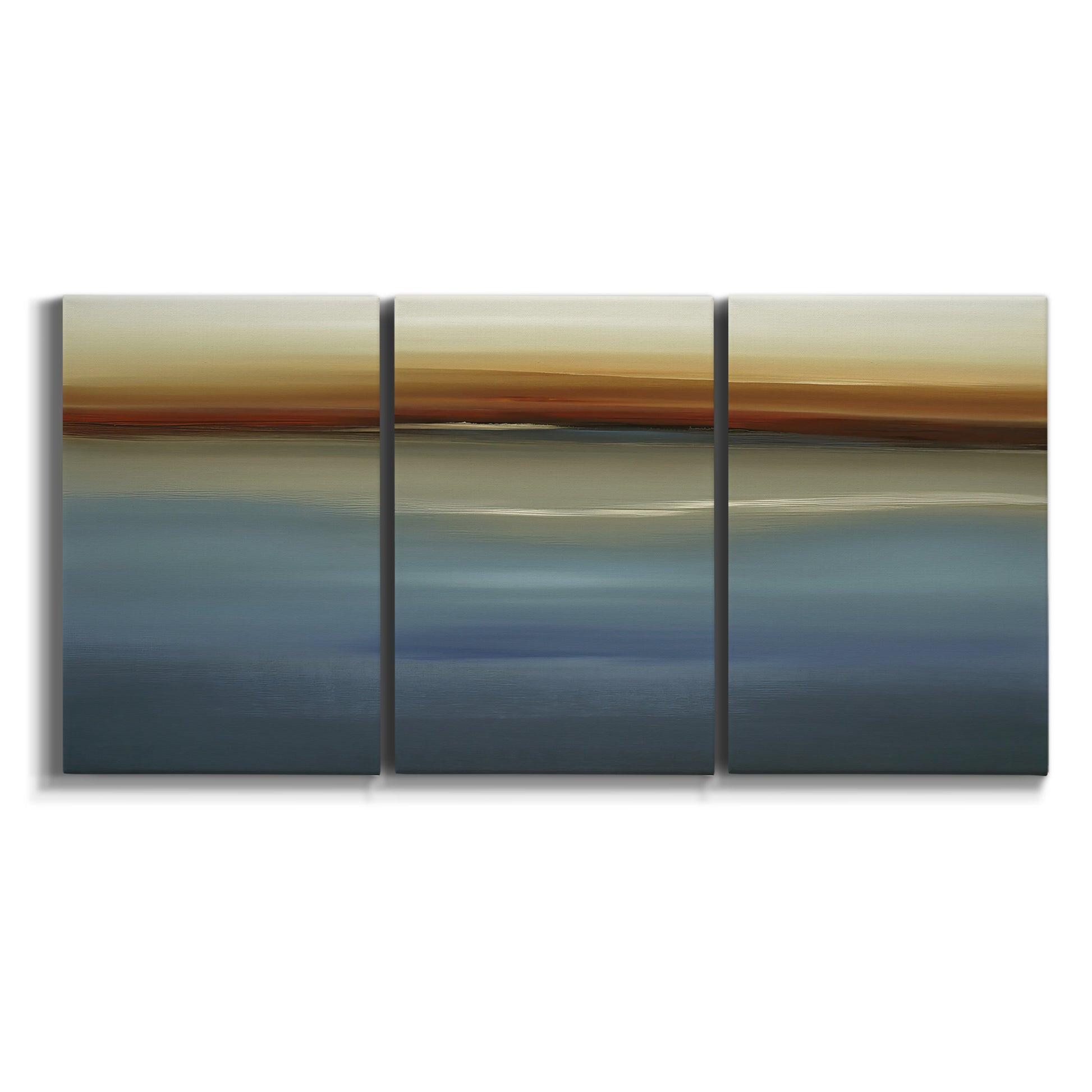 Three-panel canvas wall art featuring horizontal abstract coastal color bands on white background.