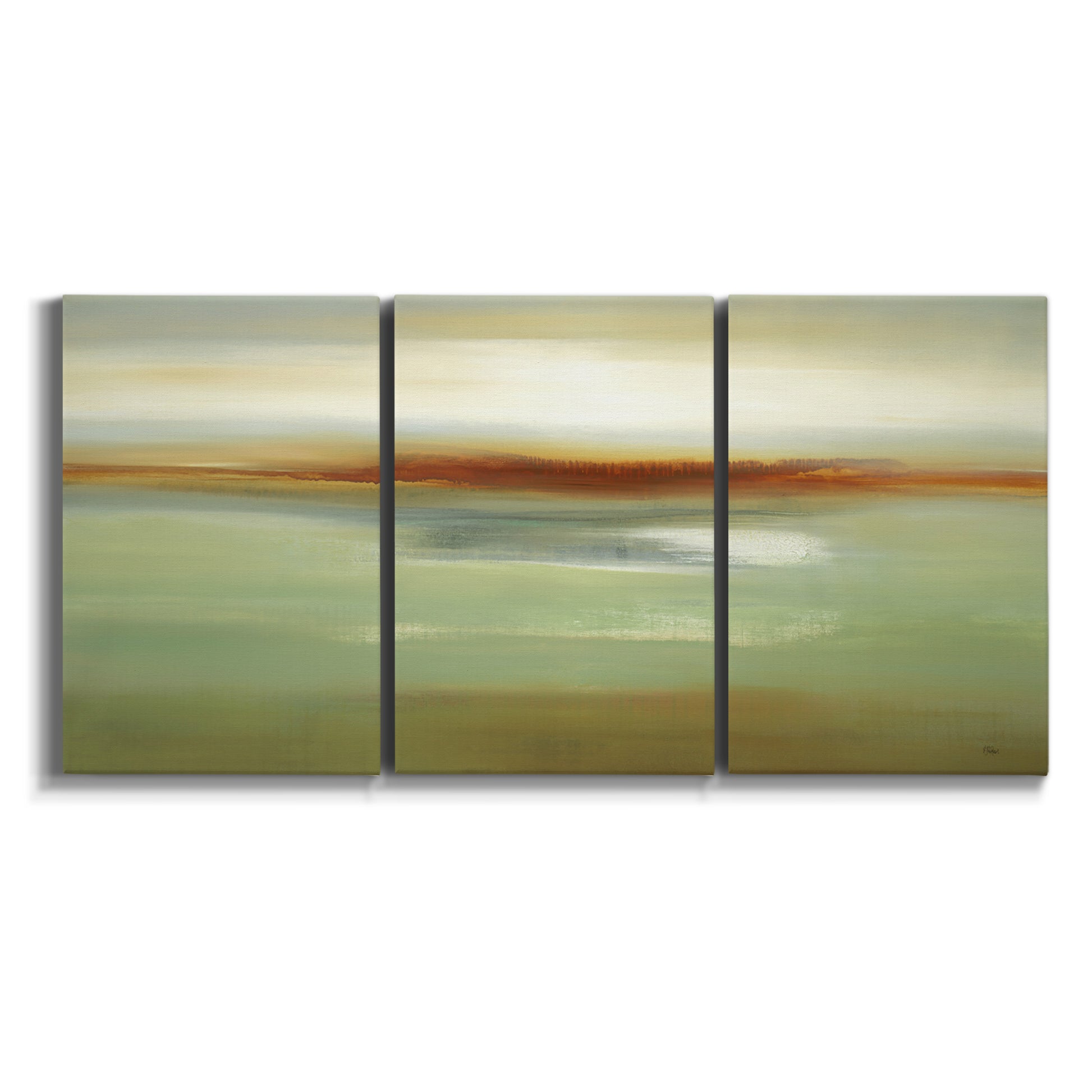 Three-panel canvas wall art featuring green focused abstract color vision on white background.