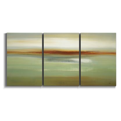 Three-panel canvas wall art featuring green focused abstract color vision on white background.