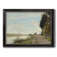 Impressionist river scene with red boats by Claude Monet printed on canvas in an ornate black frame with gilded inner detail.