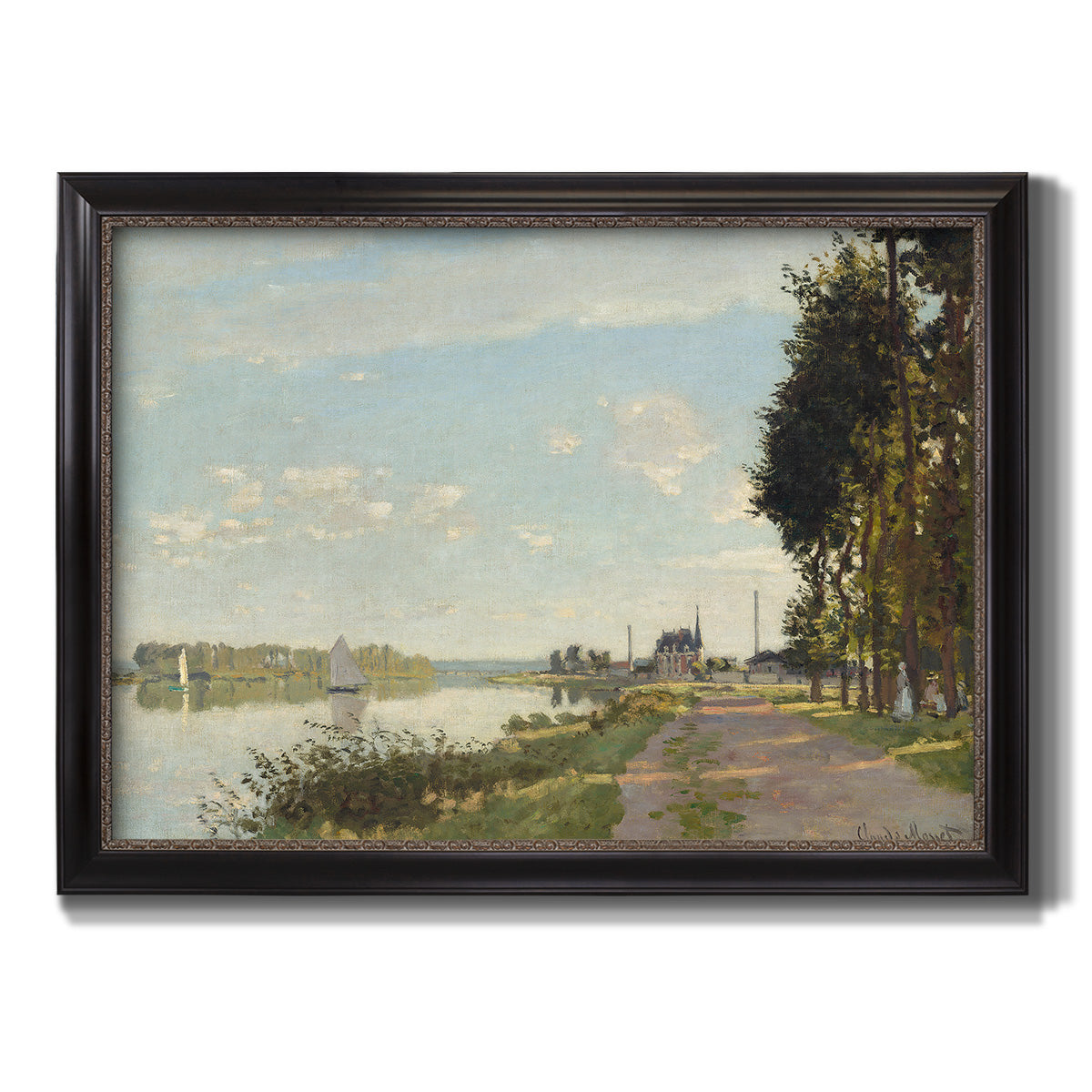 Impressionist river scene with red boats by Claude Monet printed on canvas in an ornate black frame with gilded inner detail.