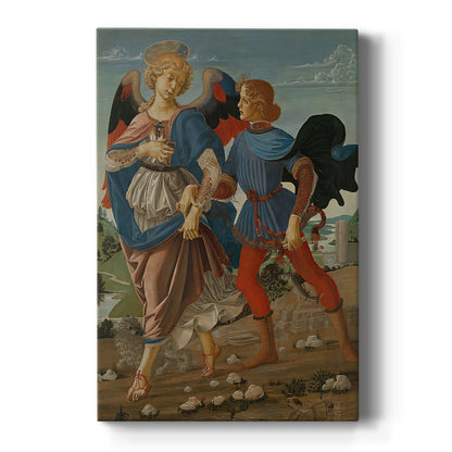 Canvas art print featuring a Renaissance scene of two figures walking with an angel in soft landscape on a clean white background.