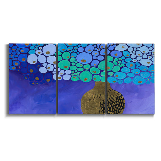 Three-panel canvas wall art featuring blue poppy floral abstraction on white background.