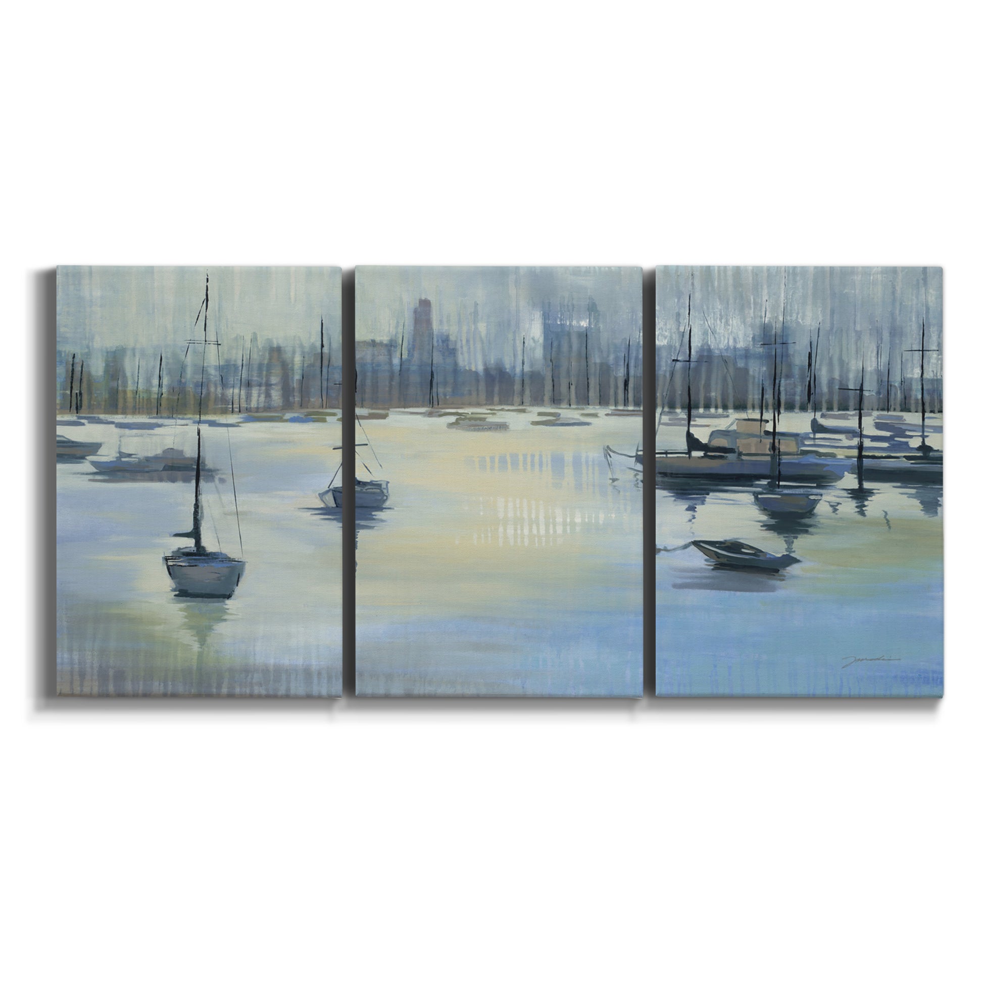 Three-panel canvas wall art featuring anchored boats near shoreline on white background.
