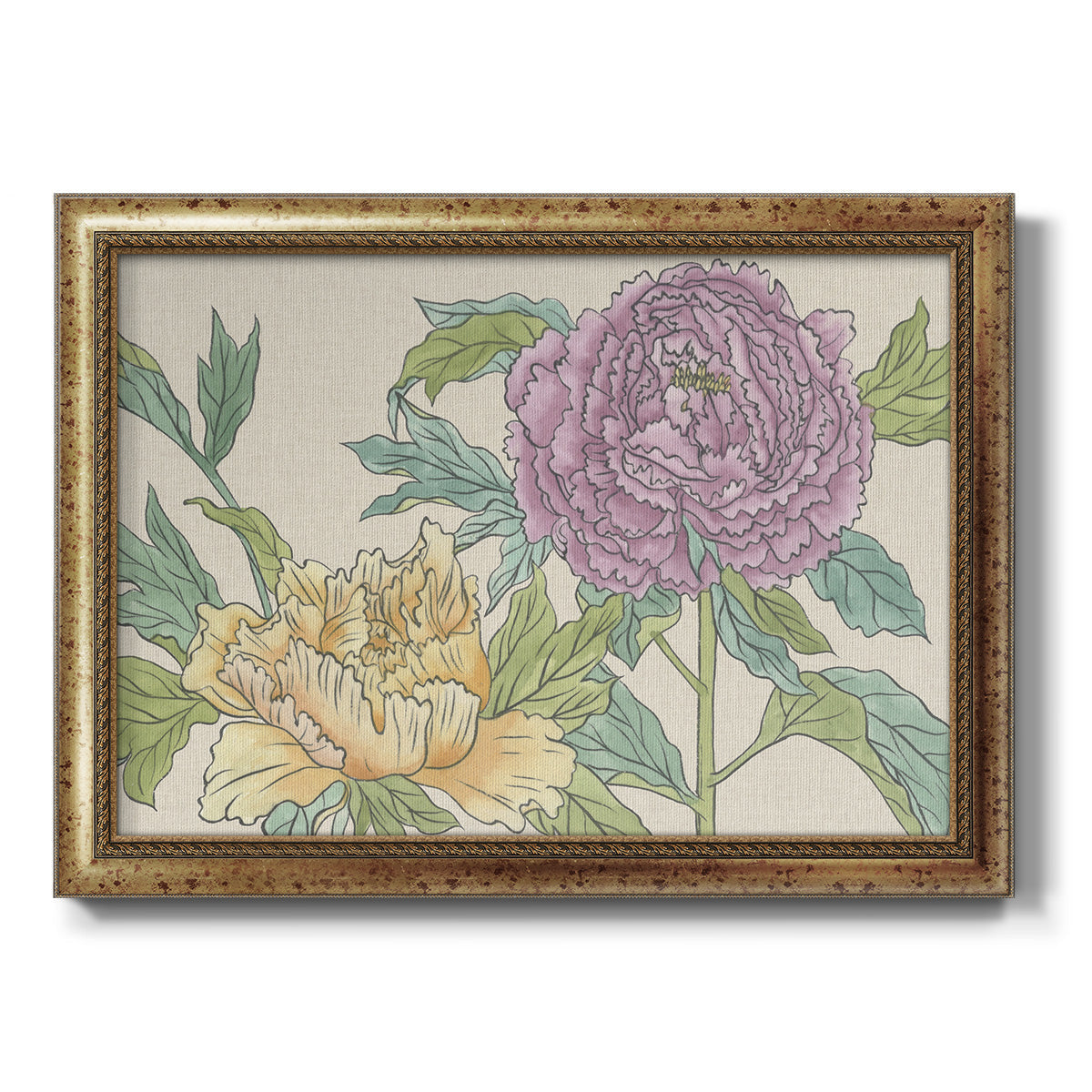 Contemporary peony flower illustration printed on canvas in an ornate vintage gold frame.