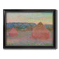 Impressionist haystack series landscape by Claude Monet printed on canvas in an ornate black frame with gilded inner detail.