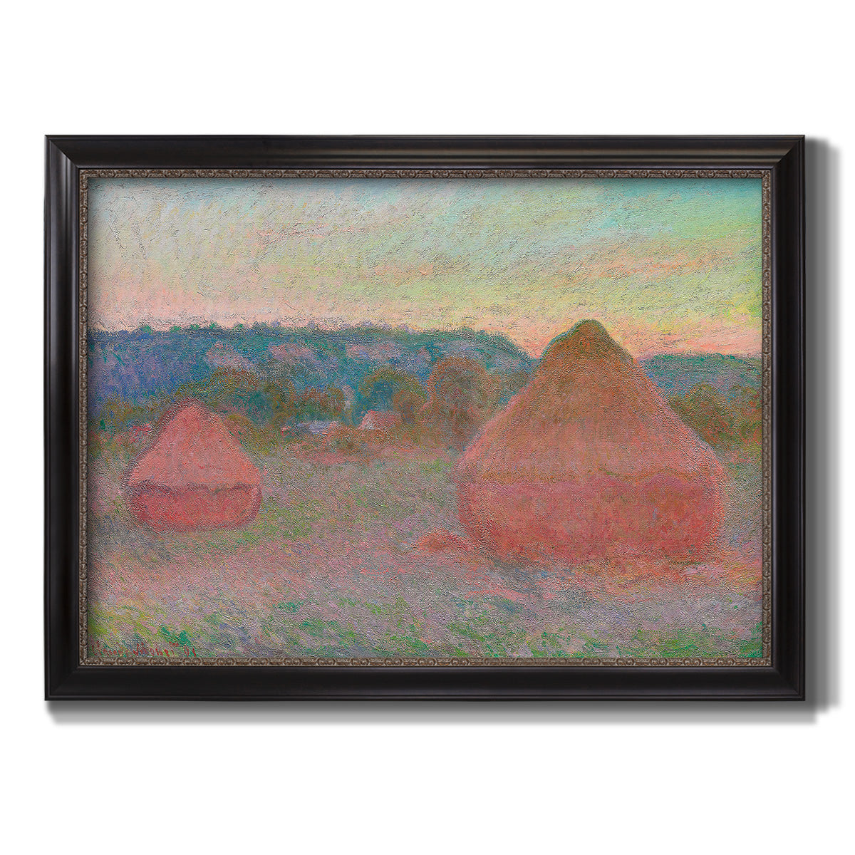 Impressionist haystack series landscape by Claude Monet printed on canvas in an ornate black frame with gilded inner detail.