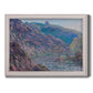 Impressionist river valley landscape by Claude Monet printed on canvas in an ornate weathered white frame.