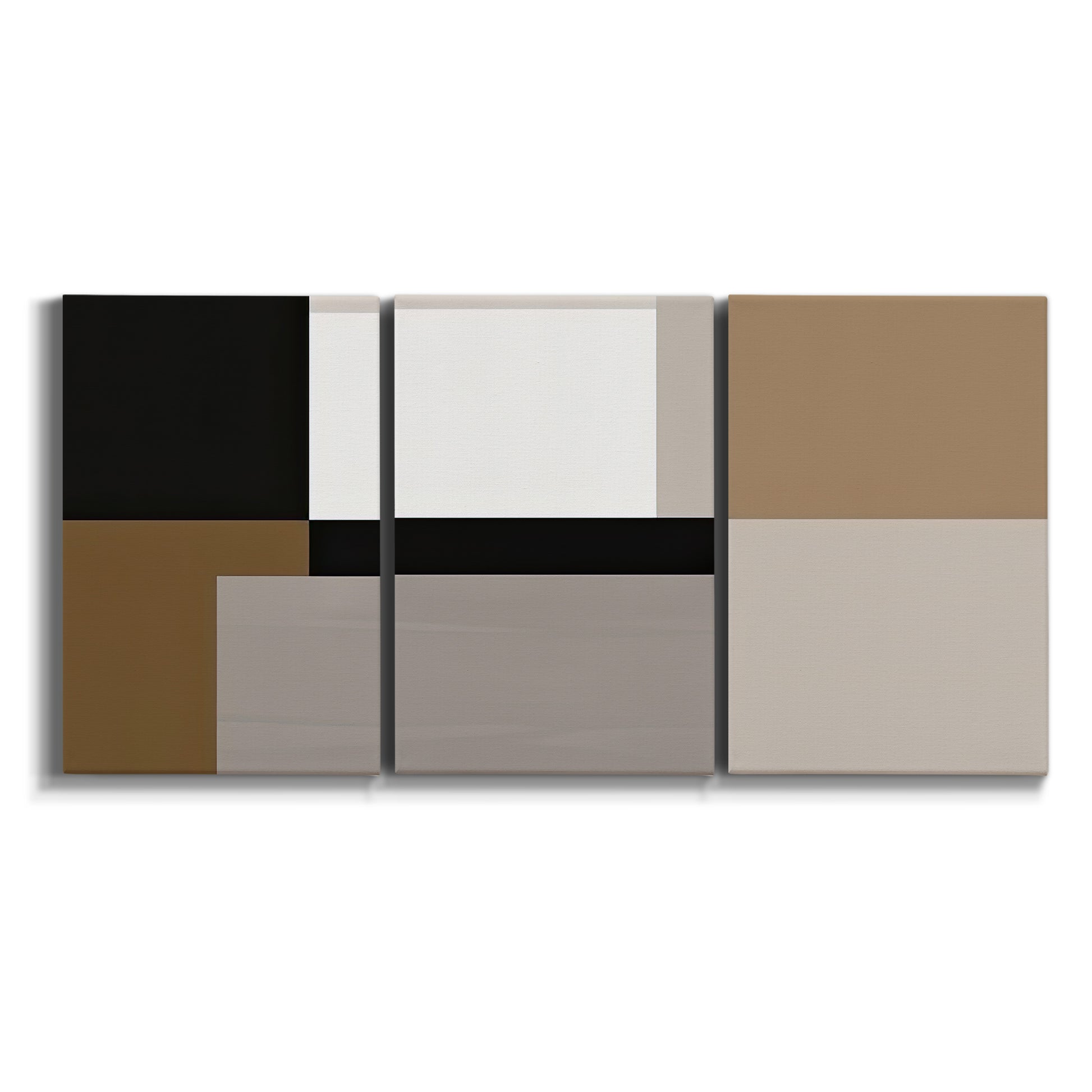 Three-panel canvas wall art featuring geometric abstract centerpoint composition on white background.