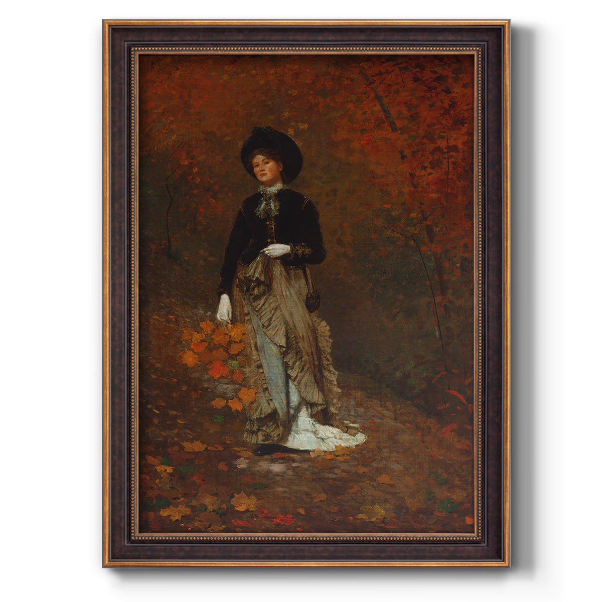 Realist autumn portrait scene by Winslow Homer printed on canvas in an ornate weathered white frame with a vertical orientation.