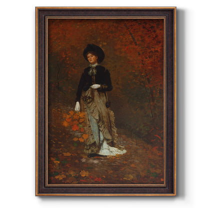 Realist autumn portrait scene by Winslow Homer printed on canvas in an ornate weathered white frame with a vertical orientation.
