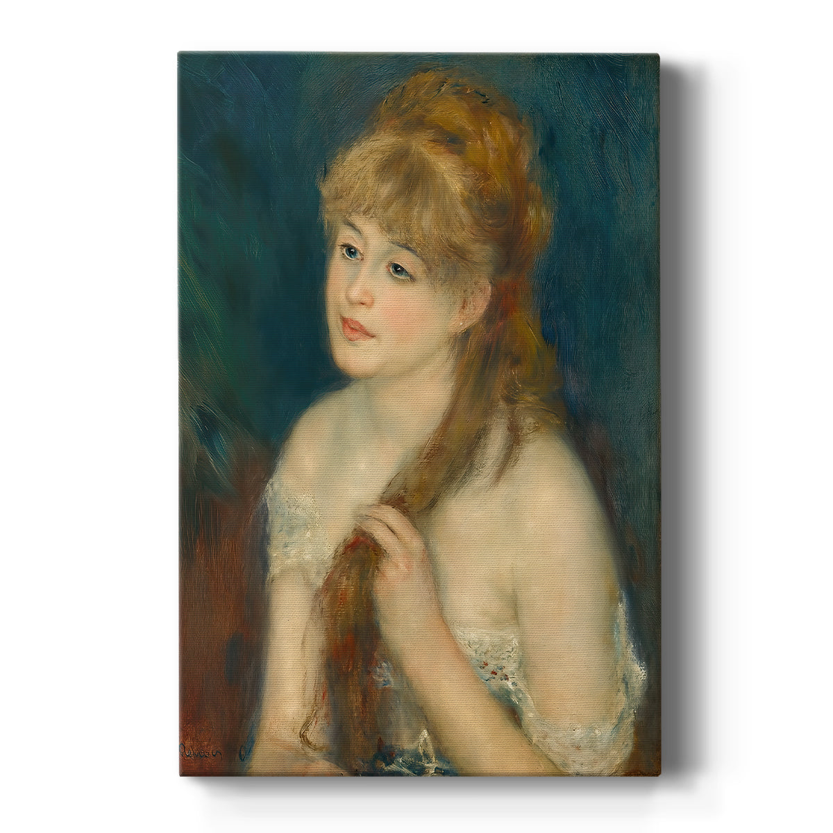 Canvas art print featuring an impressionist portrait of a young woman braiding her hair in soft light on a clean white background.
