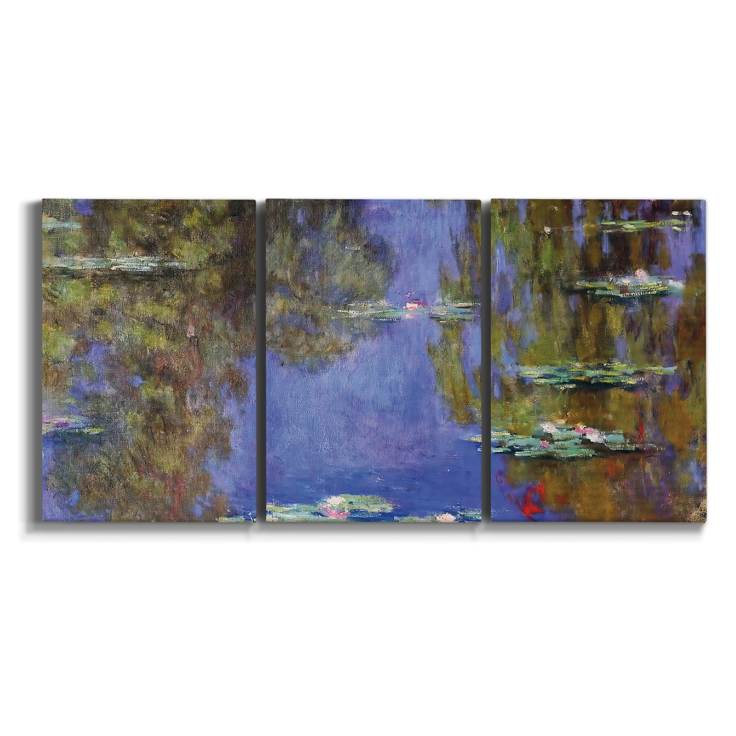 Three-panel canvas wall art featuring blue and purple water lily pond on white background.