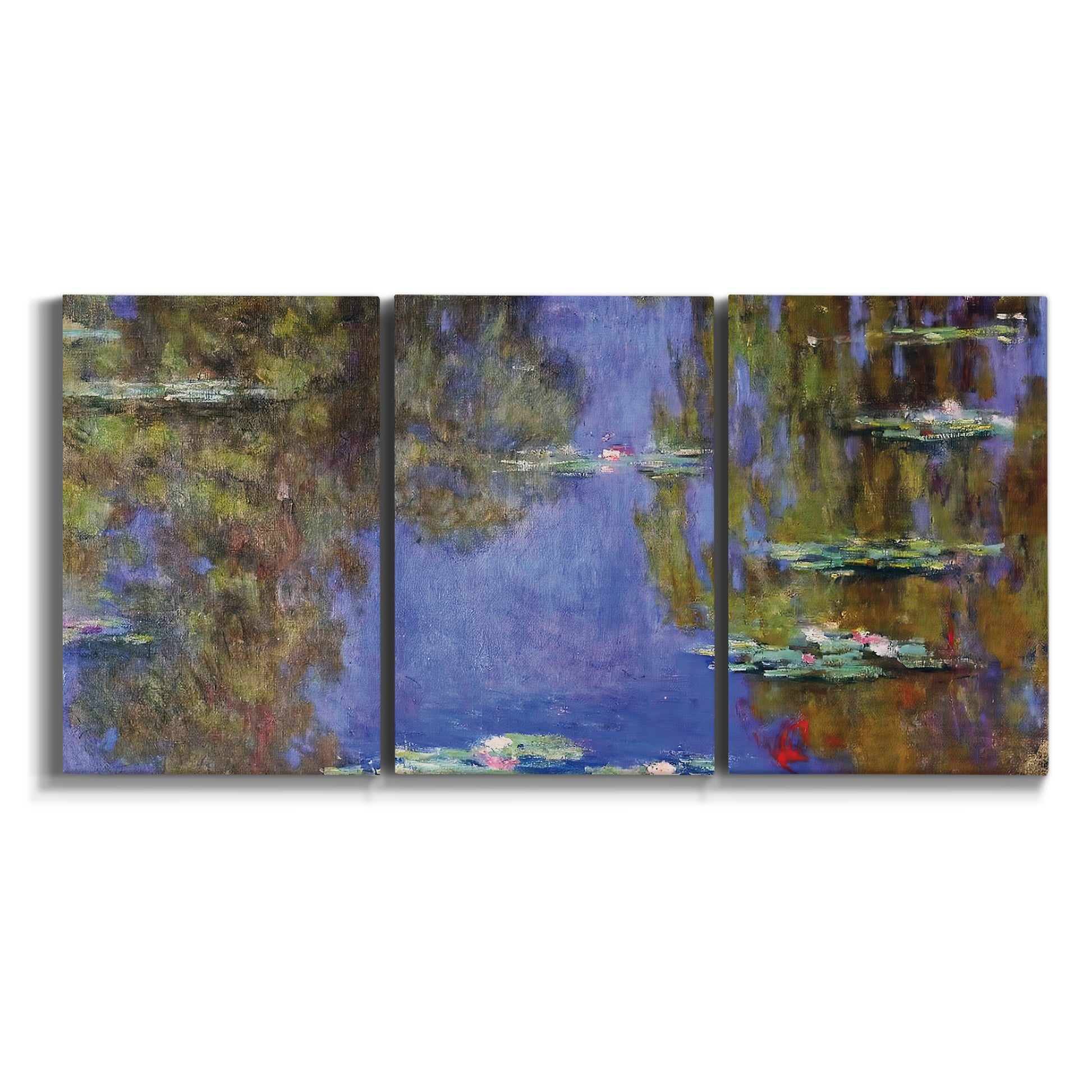 Three-panel canvas wall art featuring blue and purple water lily pond on white background.